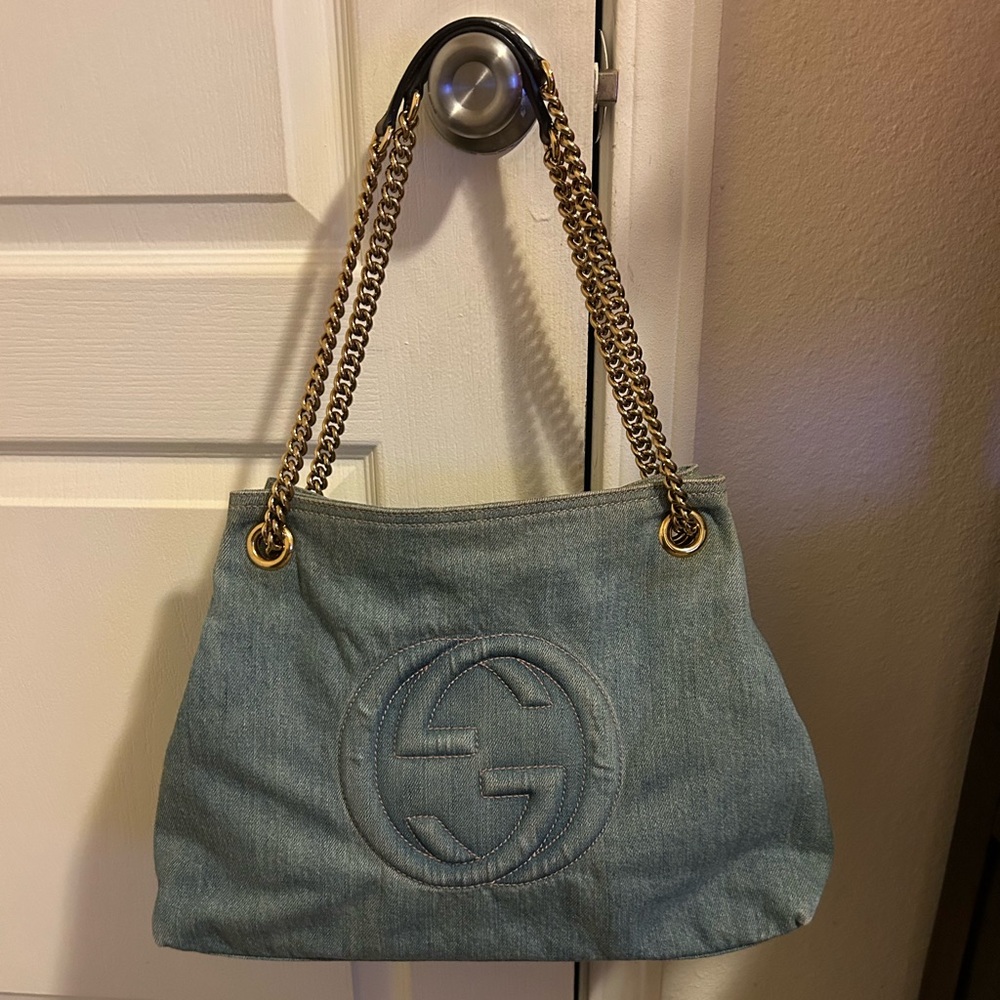 Gucci Soho Blue Denim Chain Straps with Leather Tote Bag